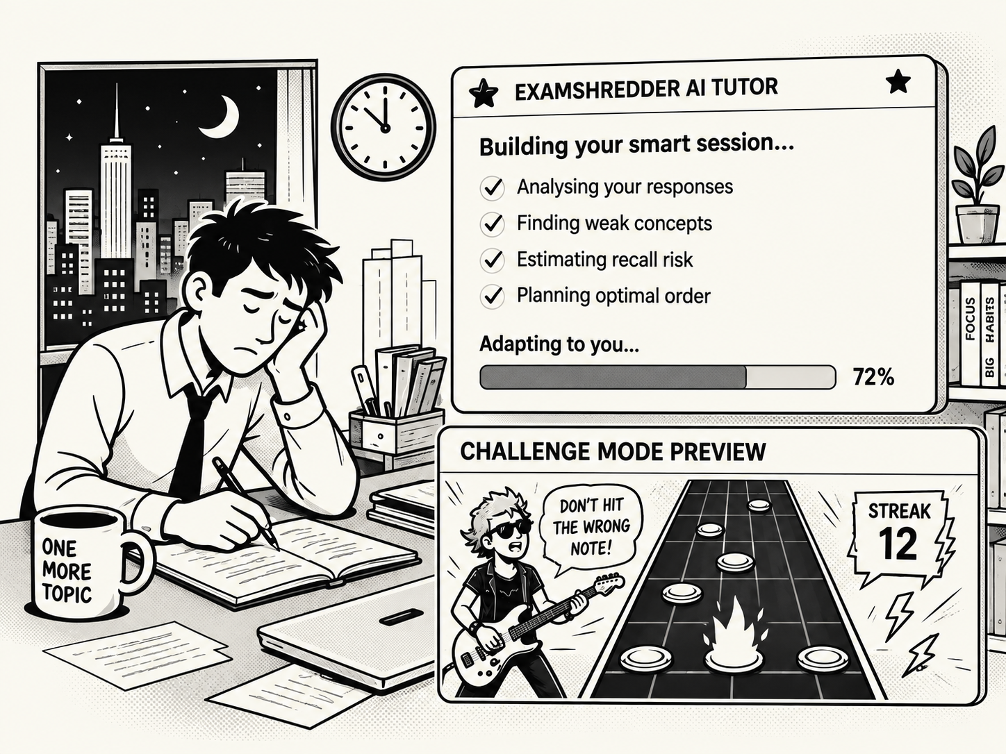Black-and-white comic showing a CFA candidate studying at night, an AI tutor planning a tailored study session, and a guitar challenge mode preview